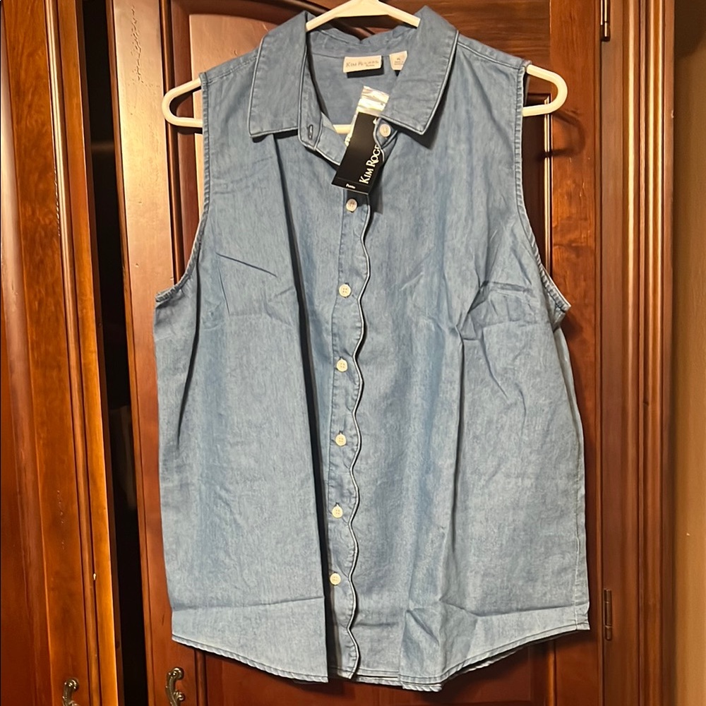 NWT KIM ROGERS blue sleeveless button down shirt Size L petite